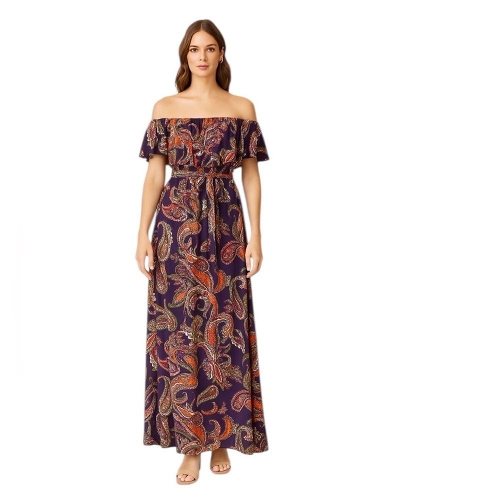Baltic Born - Off Shoulder Maxi Dress Purple Paisley Sz M